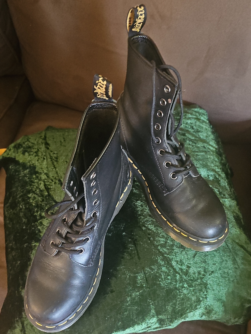 Dr. Martens Black Leather Lace-Up Boots with Yellow Stitching Accent